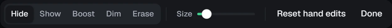 The bar while the Brush is on: what it paints, its size, and Reset hand edits