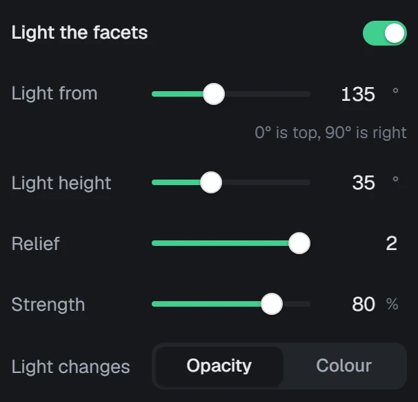 Light the facets in the app, set to From the bottom right, relief 2