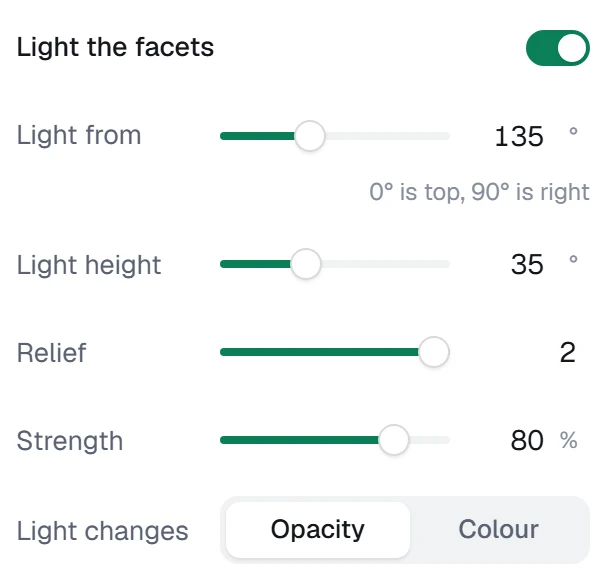 Light the facets in the app, set to From the bottom right, relief 2