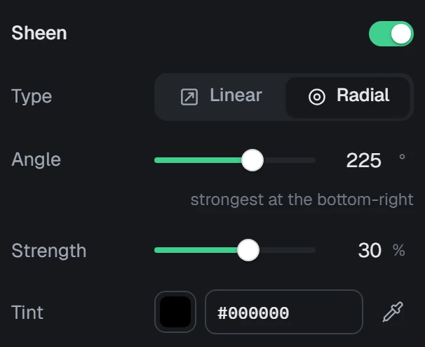 Sheen in the app, set to Radial, black, 30%