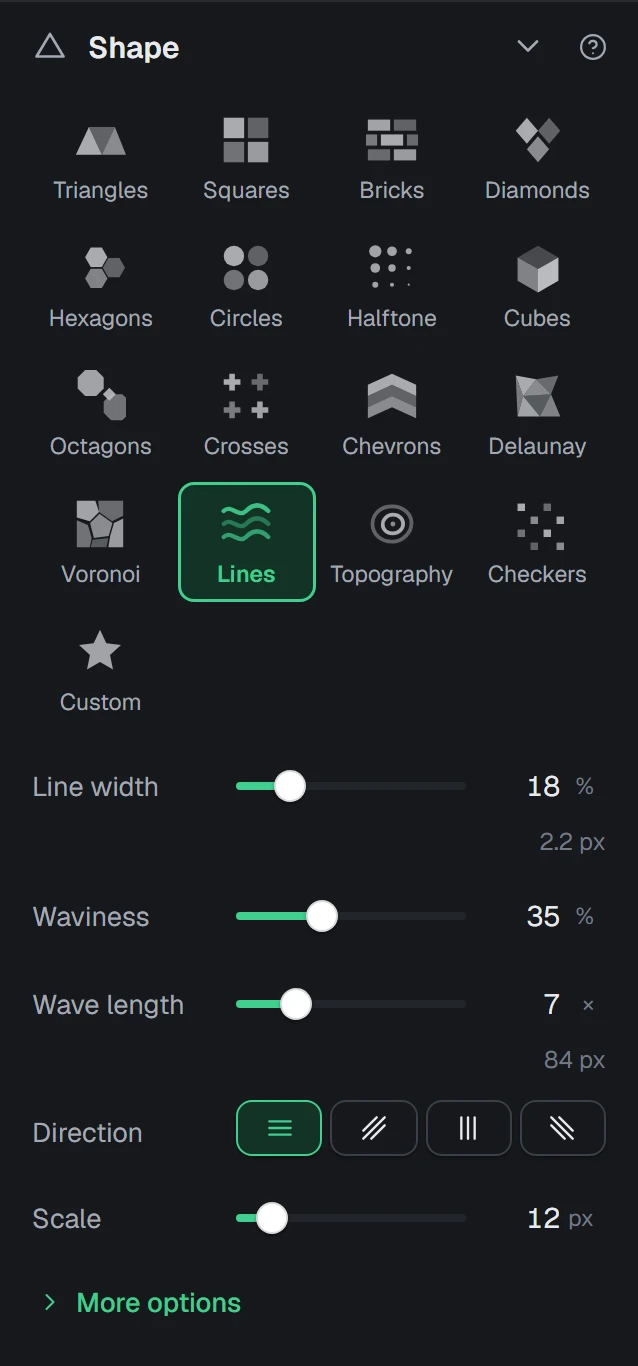 The Shape group with Lines picked: the texture settings sit under the shape picker